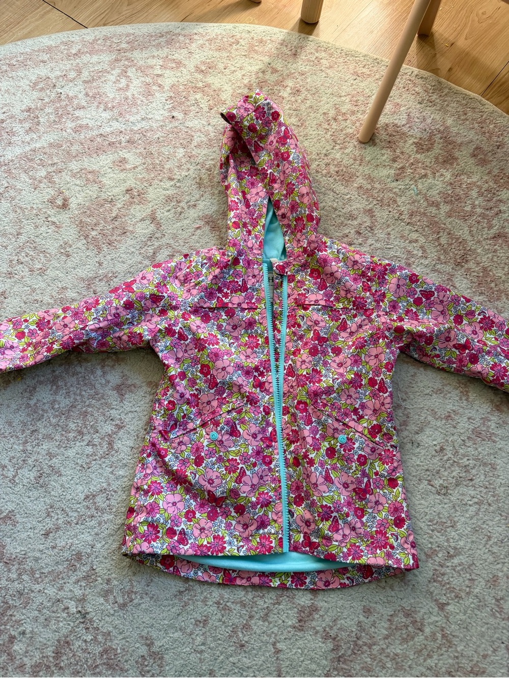 Hatley Pink Floral Hooded Raincoat with Blue Trim